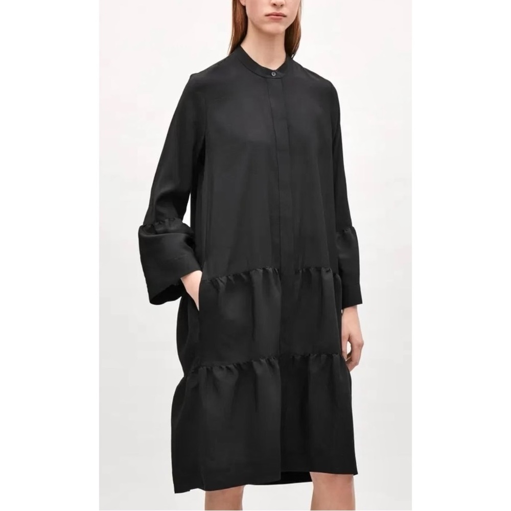 COS Gathered Detail Shirt Dress - Black Grandad Collar Lightweight Midi Dress
